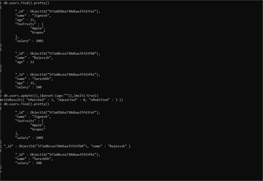 Update $unset MongoDB